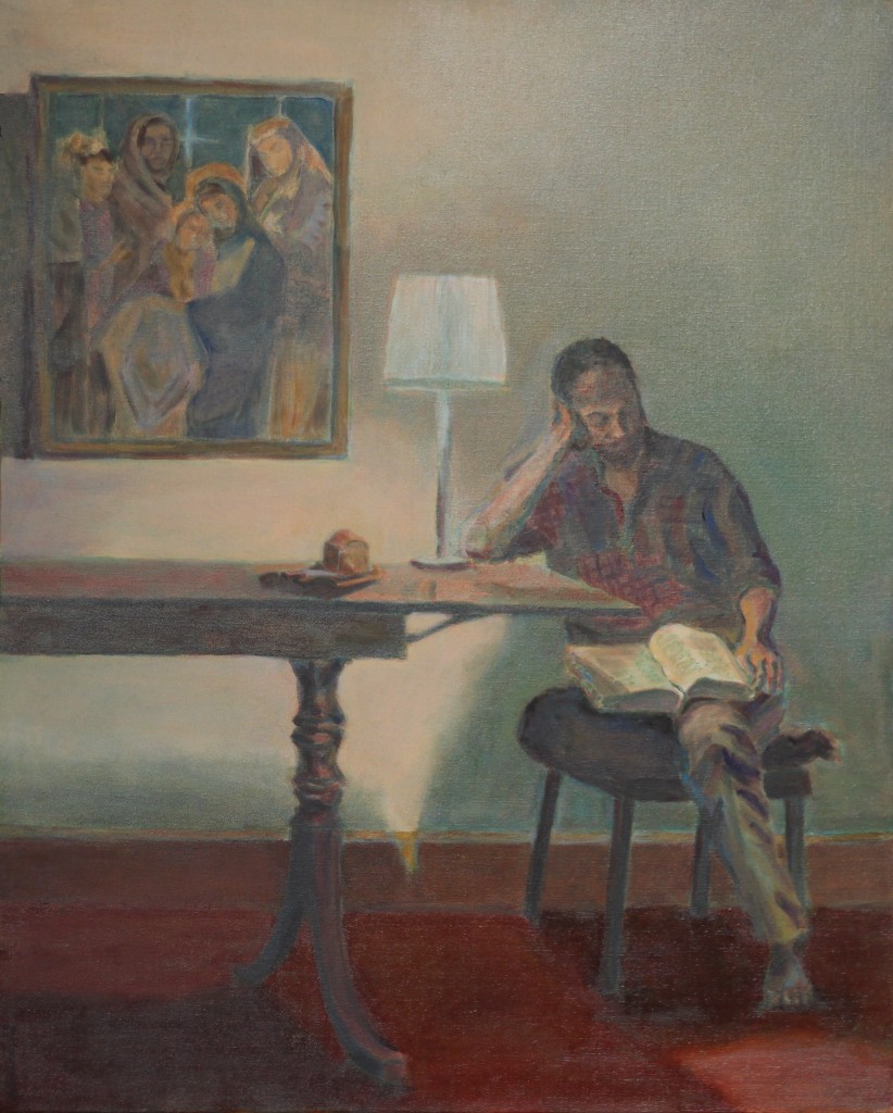 Oil Painting of a man reading the Bible